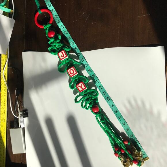 Vintage Retro Macrame JOY Christmas wall-hanging decor, green, appr. 27" - Picture 7 of 11